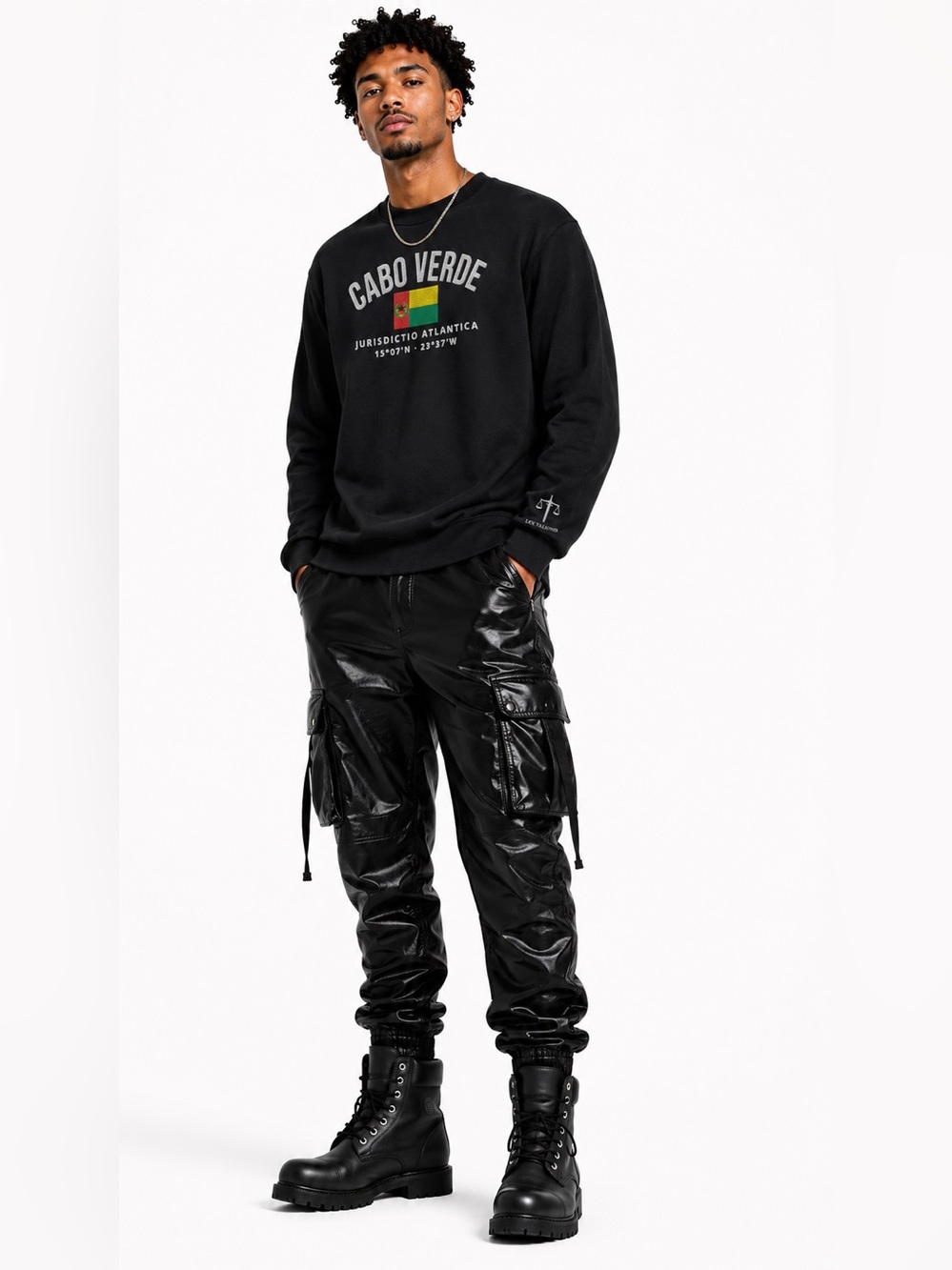 Cabo Verde embroidered Crewneck Sweatshirt - Black with Flag Print